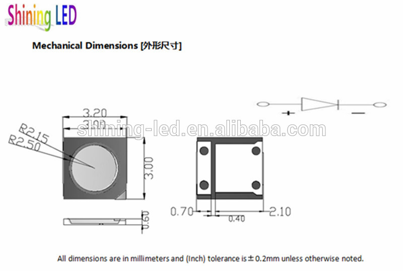 180-200LM CRI>90Ra 2W 3030 SMD LED Specifications