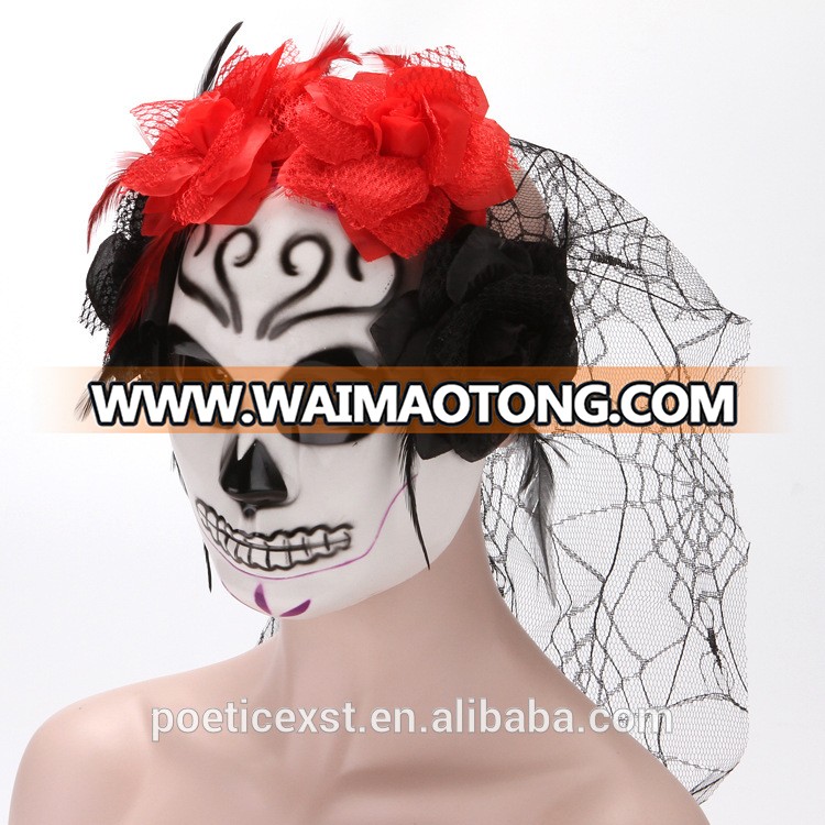 PoeticExst Full Grimace Face Plastic with Gauze Flower Horrific Halloween Masks for Woman