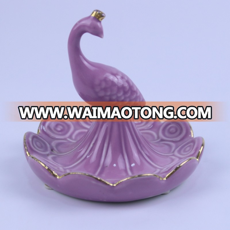 Custom color glazed ceramic peacock ring holder dish with cheap price