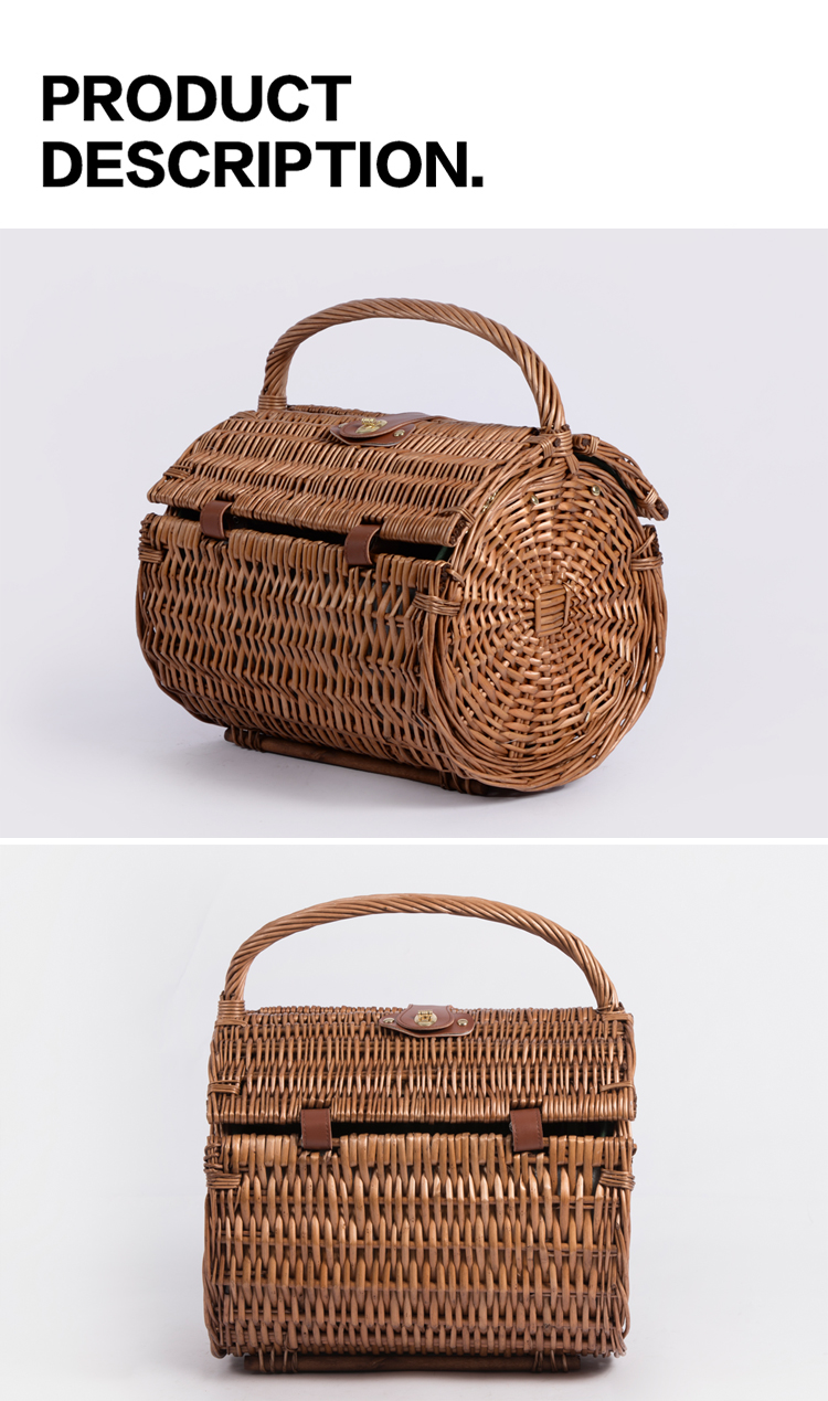 Good cheap brown colored junket food fruit storage hamper handbag round willow rattan wicker picnic basket with handles