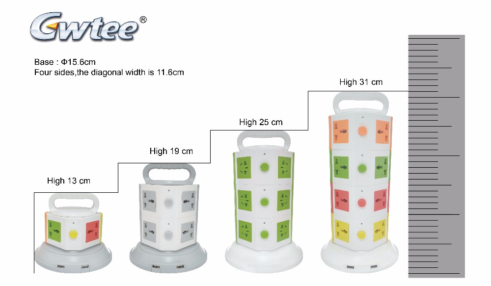 OEM layers multiple plug vertical round power tower extension socket USB