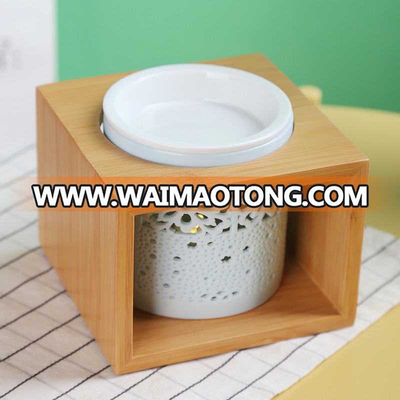 Classic wooden frame pattern aroma ceramic oil burner with soybean wax tealight candles