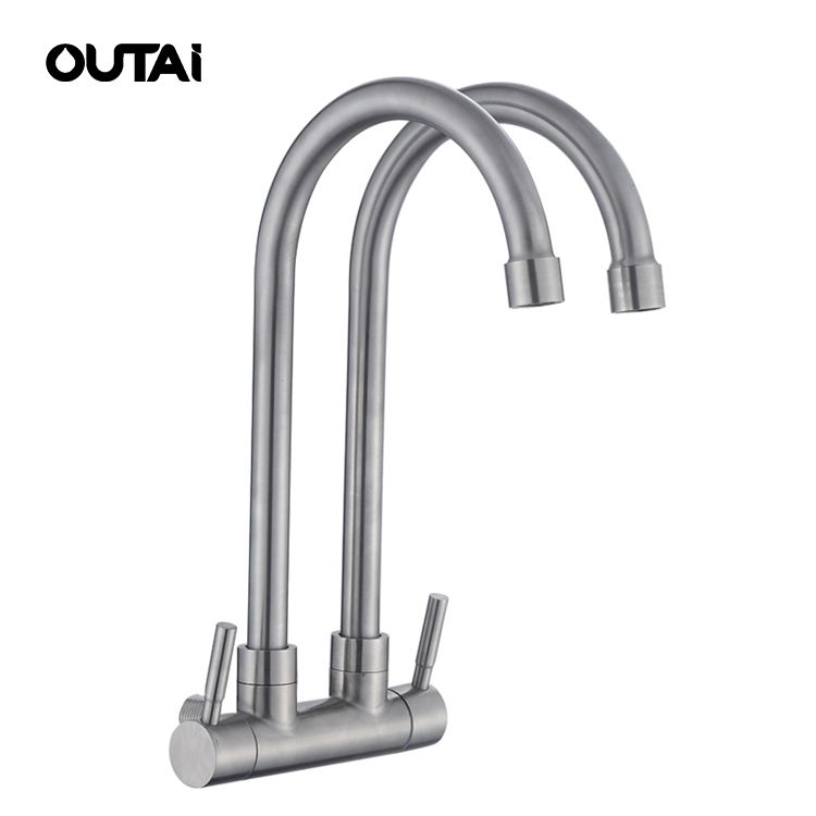 High quality wall mount two heads fancy water faucet dual handle kitchen mixer