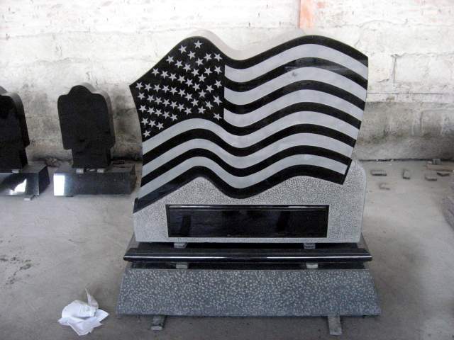 Cemetery Usage Black Granite American Flag Design Headstone Monument