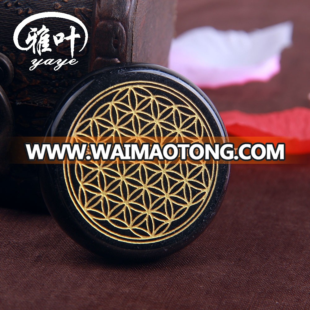 Factory Supply Natural Polished Black Obaidian Engraved Flower of Life For Sale