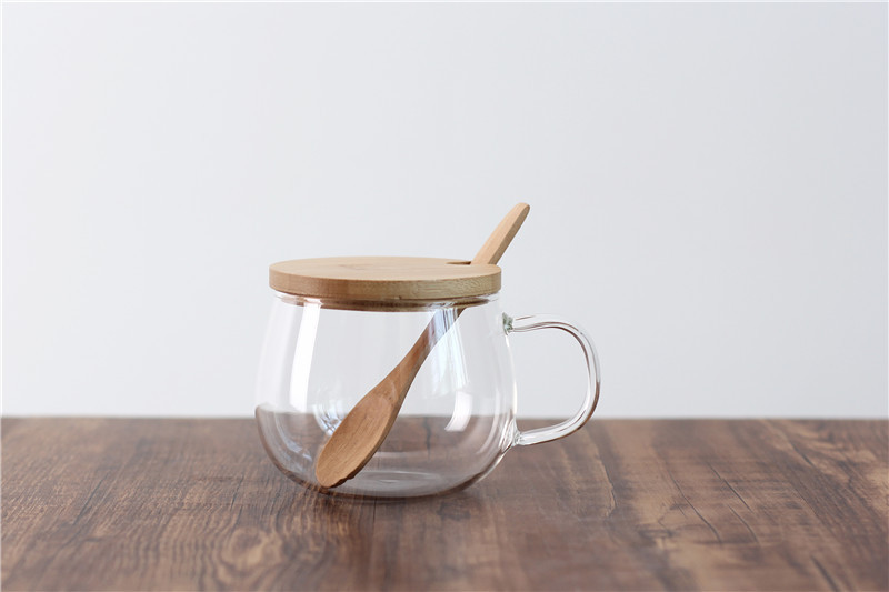 Heat Resistant Borosilicate Glass Coffee Mug Water Cup With Bamboo Lid and Spoon