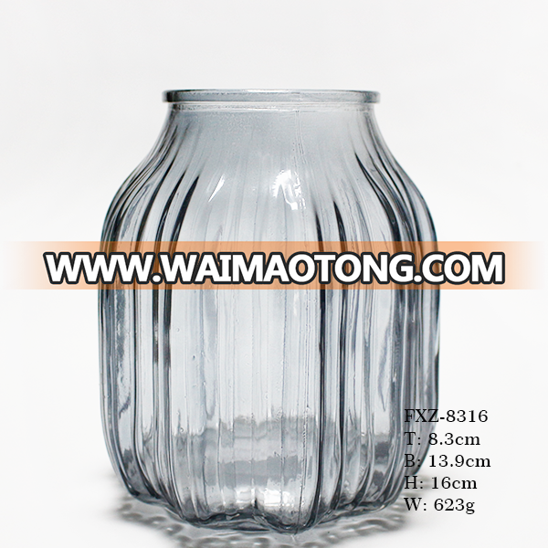 2018 big shape brown colored round vertical stripes embossed glass vase