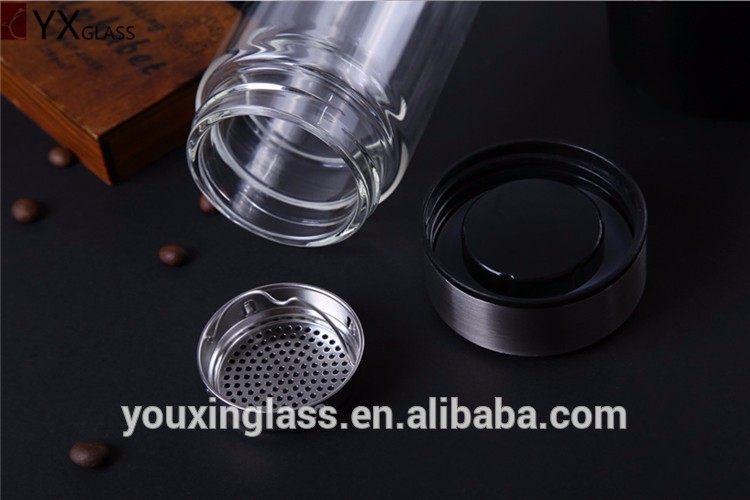 heat resistant double wall bottle glass tea infuser with stainless steel