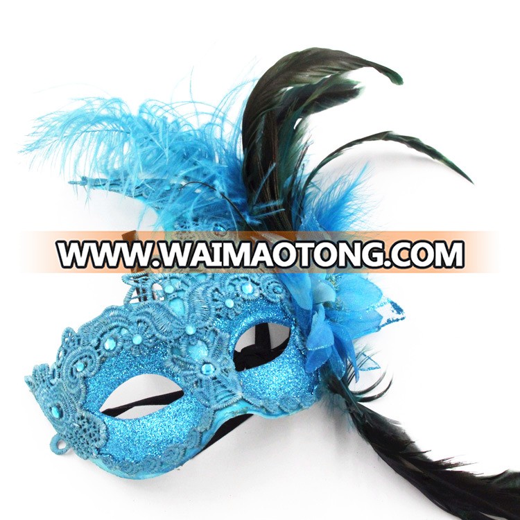 PoeticExst women's half-face multiple colour lace diamond venetian masquerade masks side flower and feather mask