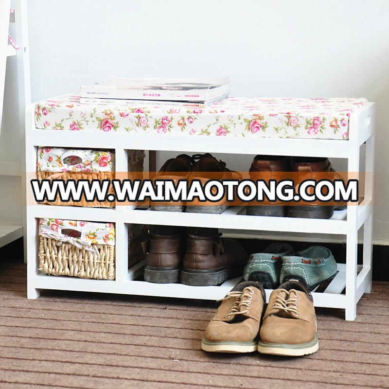 Wholesale White Color Wood Storage Entryway Shoes Bench with Baskets Organizers