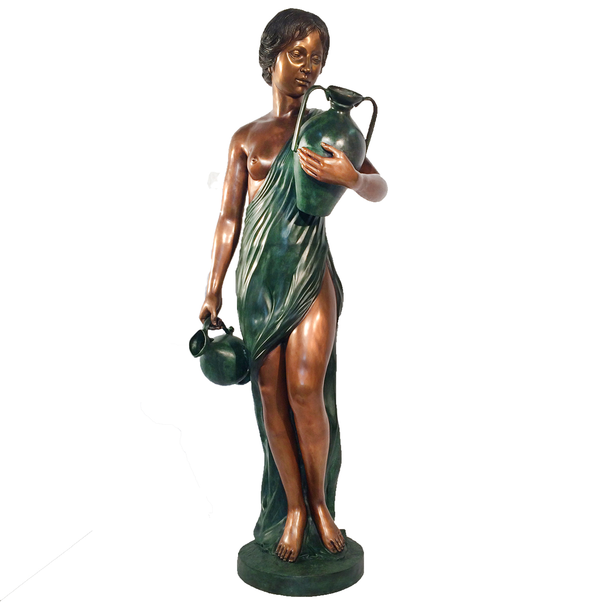 Sexy woman standing on base pouring water bronze fountain with a flower-bottle