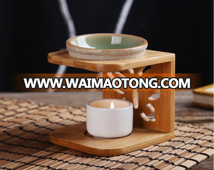 Aroma lamp fragrance lamp essential oil warmer ceramic oil burner with wooden frame butterfly pattern