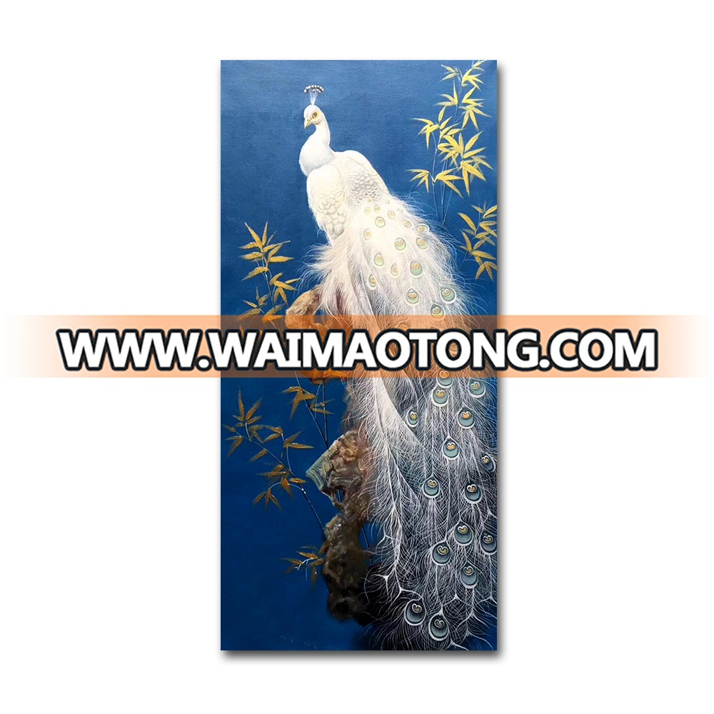 Handmade Beautiful White/Blue Peacock Painting Canvas Wall Art for Home Decoration