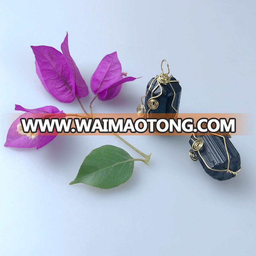 Hot handmade wire wrap rough stone pendant black tourmaline