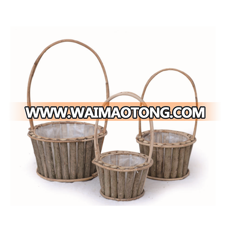 Wooden Bark Flower Planter with Rattan Handle In Three Sizes