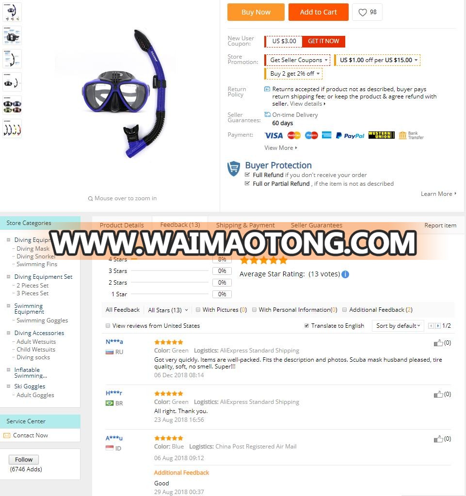 Water Sports Full Dry Silicone Tempered glass Diving Mask Snorkel with camera mount