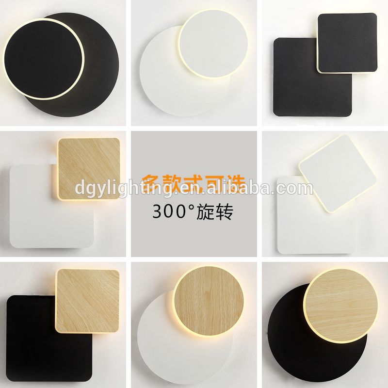 Rotatable round moon square black white acrylic metal wood color one two circle light led bedside wall lamps