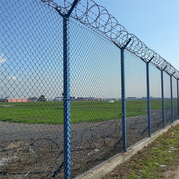 High security chain link airport fence with razor barbed wire