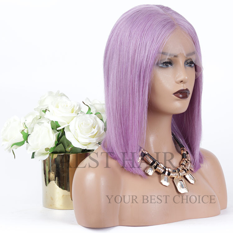 Hot selling middle part  12inch short bob wigs human hair lavender purple colorful cut bob full lace wig