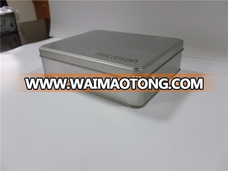 China tin container manufacturer's plain brushed silver metal tin box with hinged lid