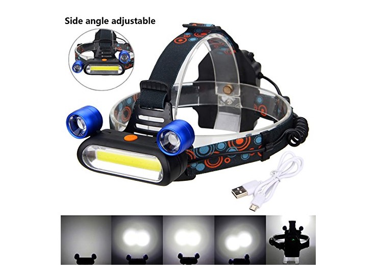 Adjustable High Brightness LED Work Headlight, 10W COB+2x5W Strong Power Rechargeable Flashlight Camping Running Hiking