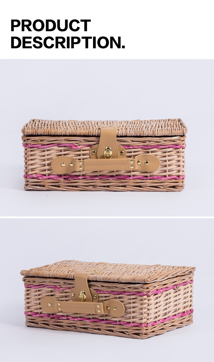 Rattan willow hand woven crafts decorative pink 2 person food fruit storage hamper small gift wicker picnic set baskets with lid