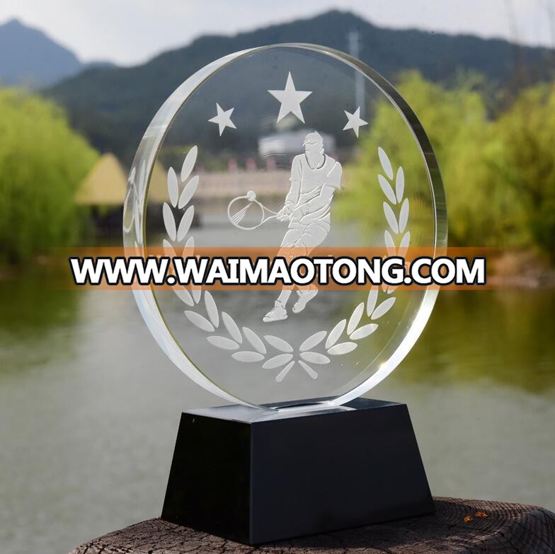 Custom round tennis match crystal glass trophy for best employee business souvenir medal