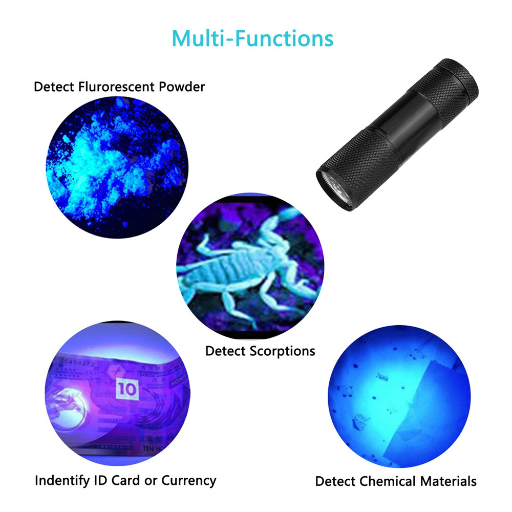 Ultra Violet Black Light 9 LED Mini Aluminum Flashlight AAA Pet Urine Stains Detector Scorpion Hunting Torch Light UV Flashlight