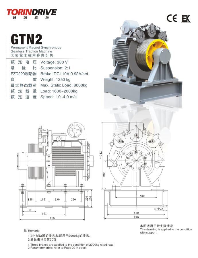 Elevator Spare Parts For 800Kg GTN2 Torin Gearless Motor Elevator Traction Machine For Lift