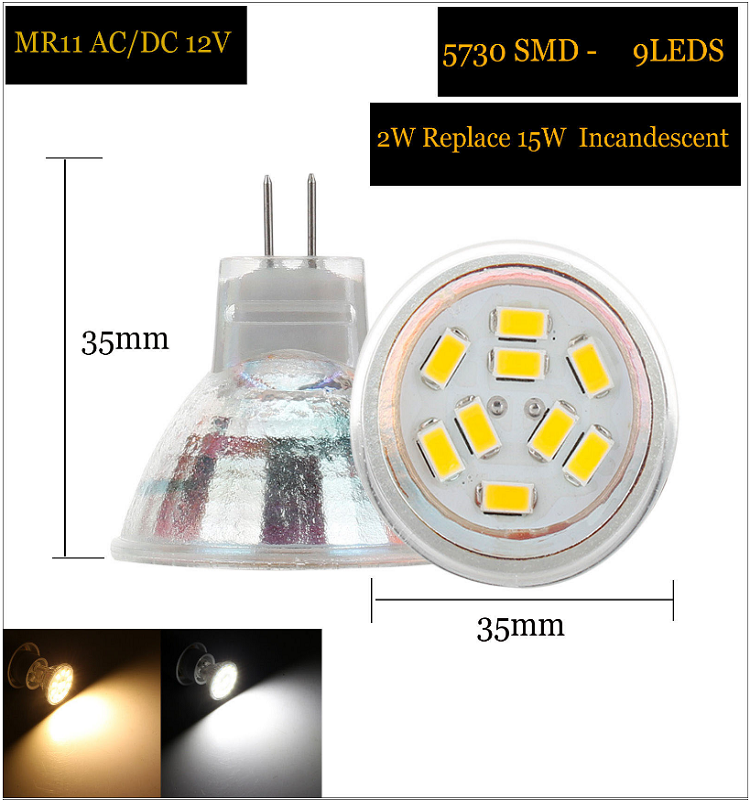 Clear Glass Type MR11 LED 12V 15W 20W Equivalent AC/DC 12V Bulb Spotlight Lamp