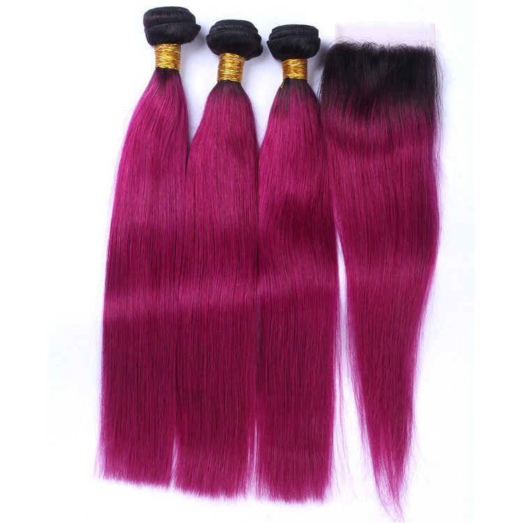 Wholesale High Quality Raw Indian Human Hair Colorful Straight Hair Bundles With Lace Closure