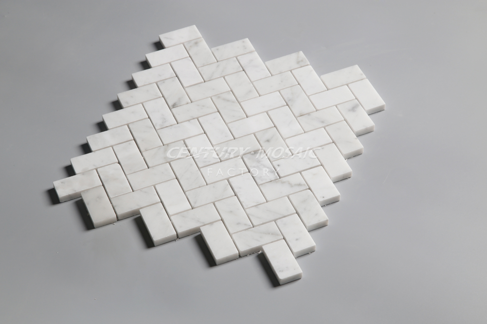 Century Carrara White Herringbone Shaped Marble Mosaic Tile Interior Wallpaper