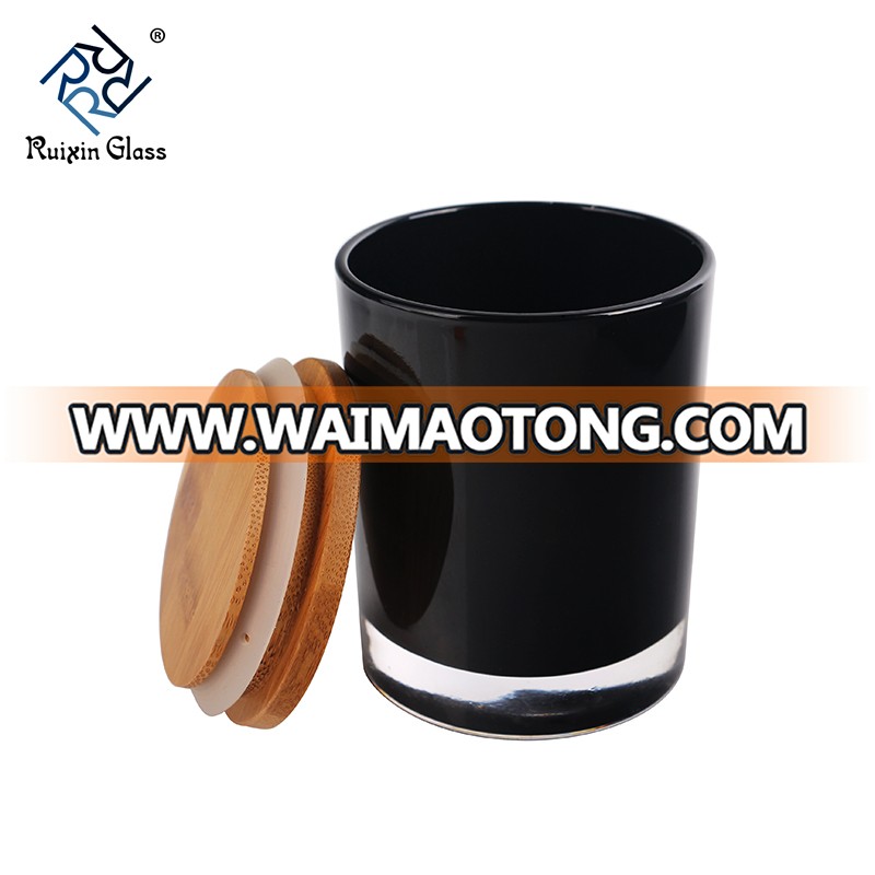 Customized Logo Glass Candlestick  Candle Holder Jar Spray Black And White Color With Bamboo Wooden Lids