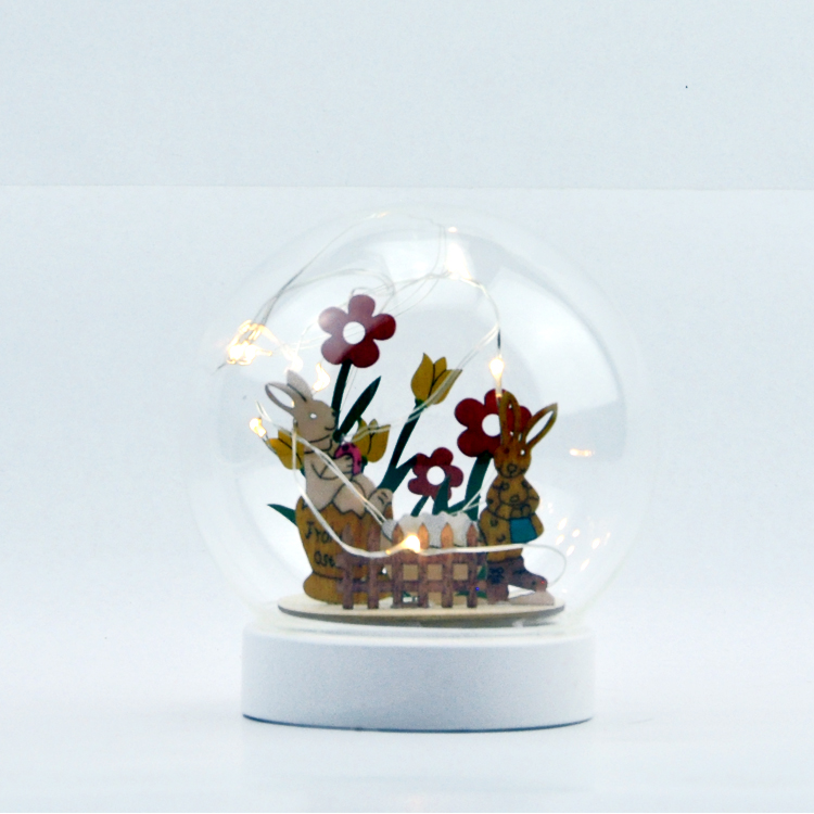 4" printed christmas ball-Children DIY glass globe with wooden rabbit figure and flower