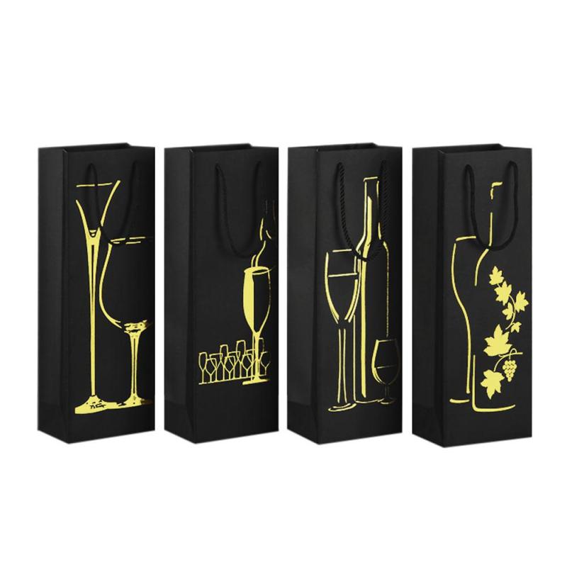 Black Unique Wine Cup Pattern Gift Bag Wine Box Classic Style Tote Bags Simple Paper Bottle Bag Wedding Party Decoration