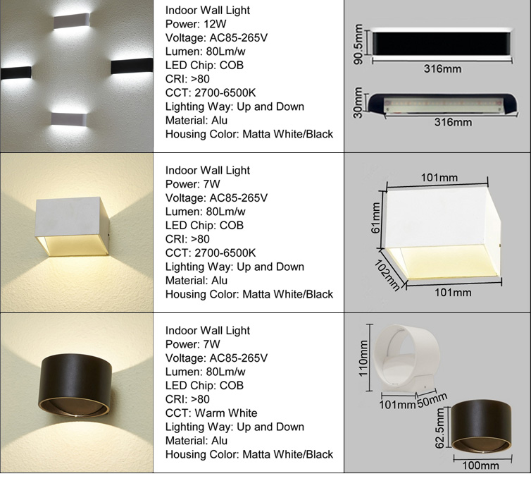 Decorative wall mounted up down wall light indoor led COB 7w corridor lighting