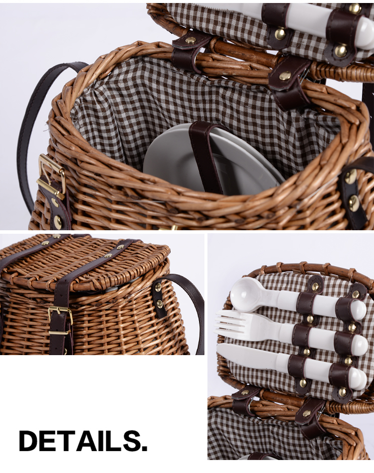 Long leather shoulder strap small custom storage container 2 persons weaving rattan wicker willow picnic hampers bag basket