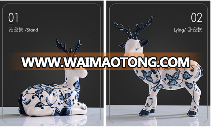 Chinese elegant blue and white ceramic deer set statues crafts for gifts