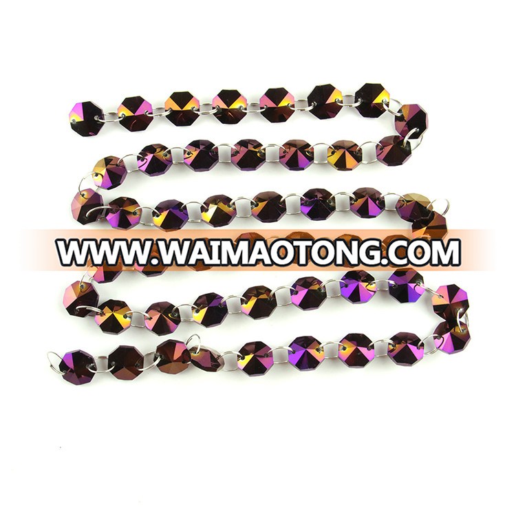 Hot sales coating purple 14mm crystal garland strand with silver metal rings for the wedding hall was beautifully decorated