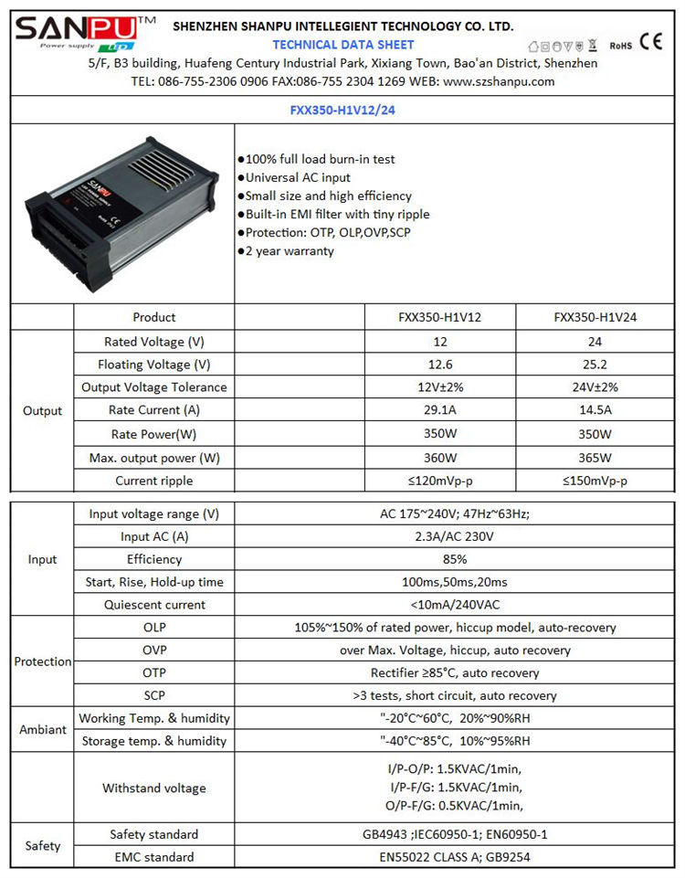 SANPU LED Power Supply 12V 30A 350W Rainproof Single Output Constant Voltage Switching Driver 220V AC to DC Lighting Transformer