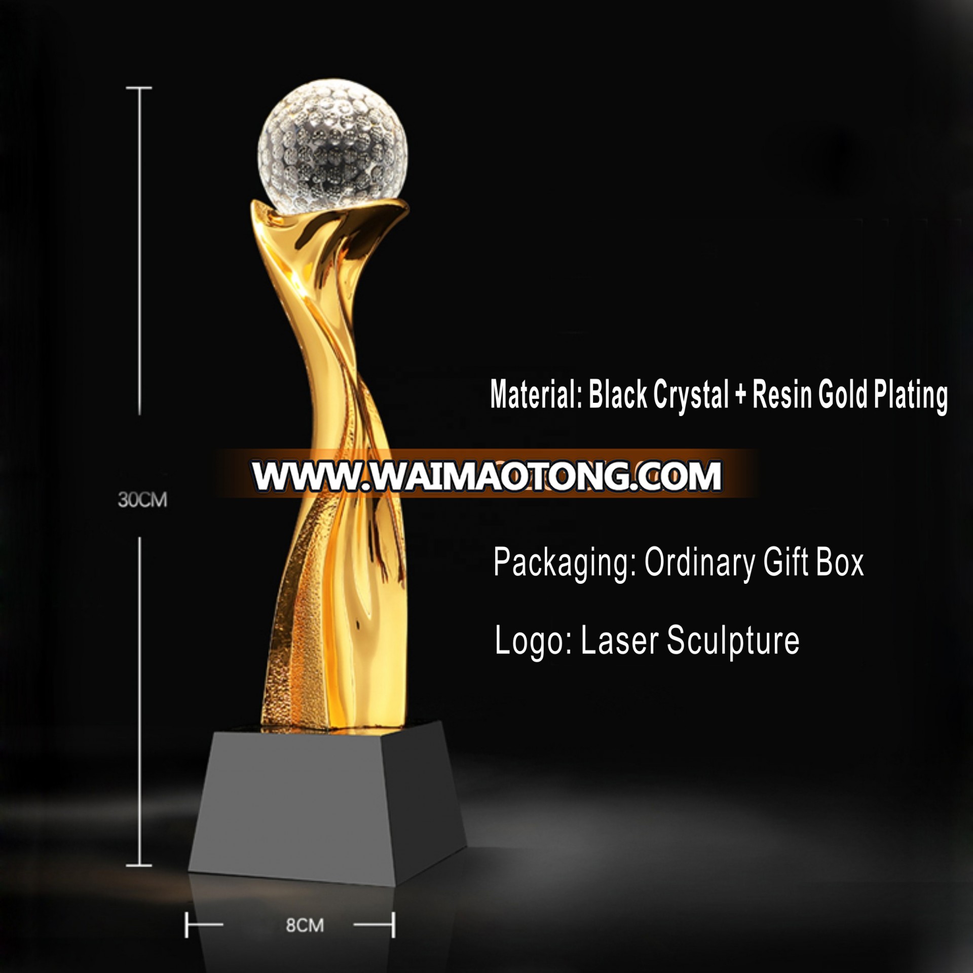 Latest design  black base and golden metal  crystal trophy with clear  crystal ball sports awards for business award three color