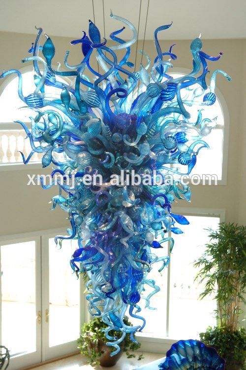 Hand Blown light blue murano Glass art luxurious large chandelier hotel