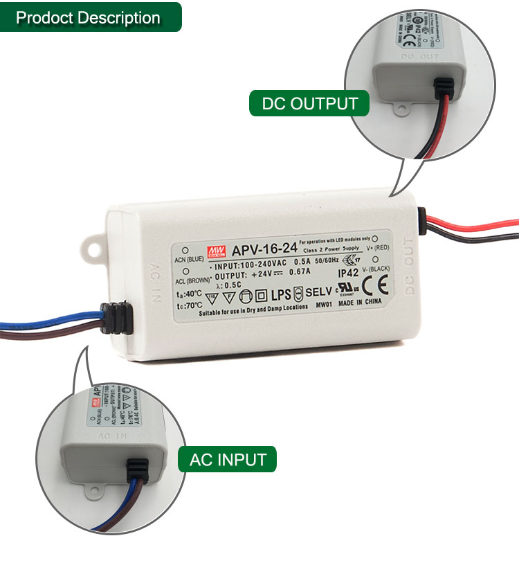 Meanwell 16W 24V Small And Compact Size APV-16-24 LED Power Supply