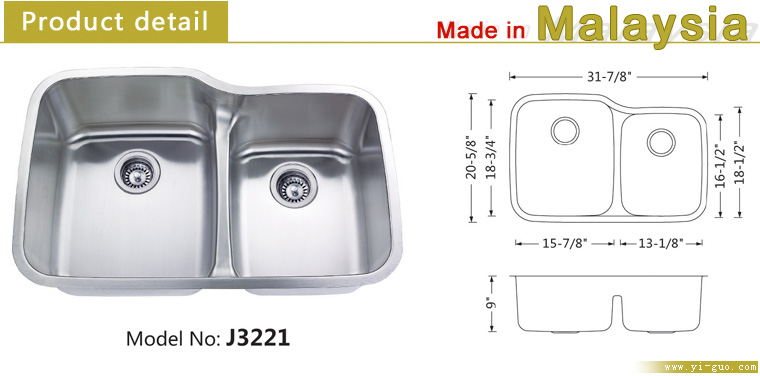 Deep drawn sink J3221, undermount double bowls sink, Made in Malaysia, No Anti-dumping Tariff