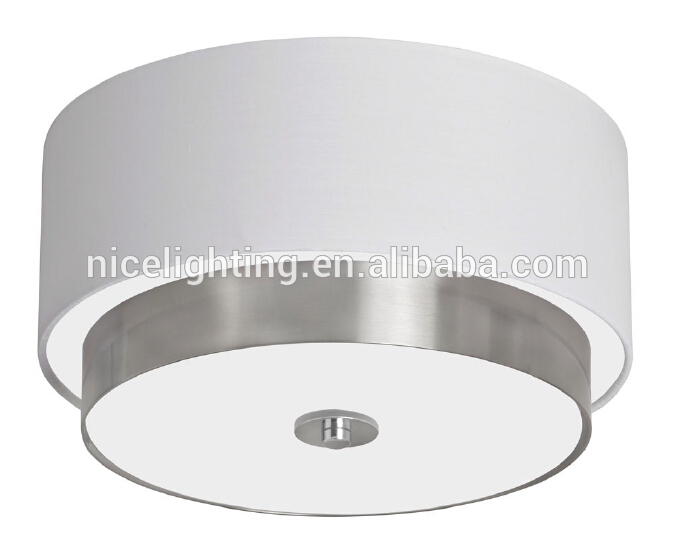 Metal flush mount round white fabric shade&frosted glass &E27/E26 bulb ceiling lamp