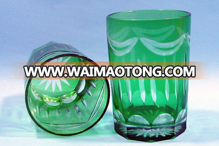 Hand engraved overlay green drinking glass cups