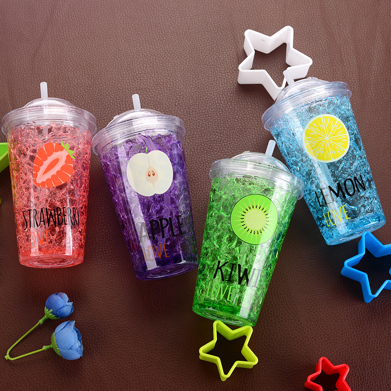 Plastic Cup Double Layer Summer Ice Cream Straw Bottle