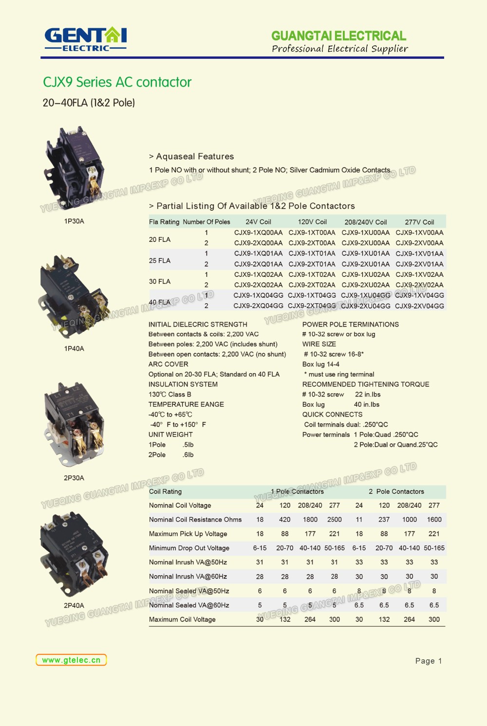 High Quality 1P 20A 1P 30A CJX9 Air Conditioner AC Contactor