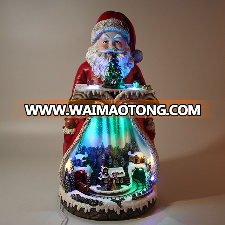 Wholesale indoor tabletop OEM battery Led illuminated Musical Resin Santa Claus Christmas decoration with Moving Village Scene