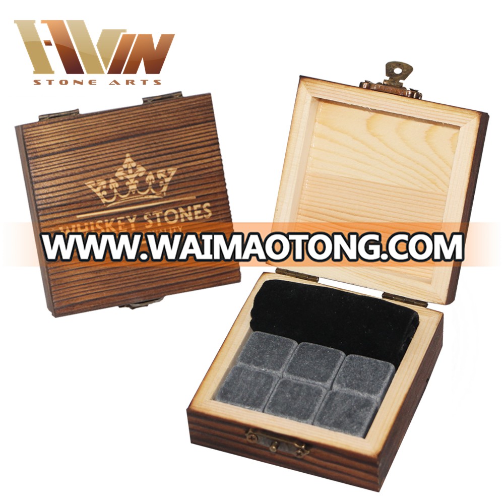 Wholesale OEM Wooden Box Set Of 6 Whisky Ice Cube Stone Wine Cooler Heater Stones Rock Whiskey Stones